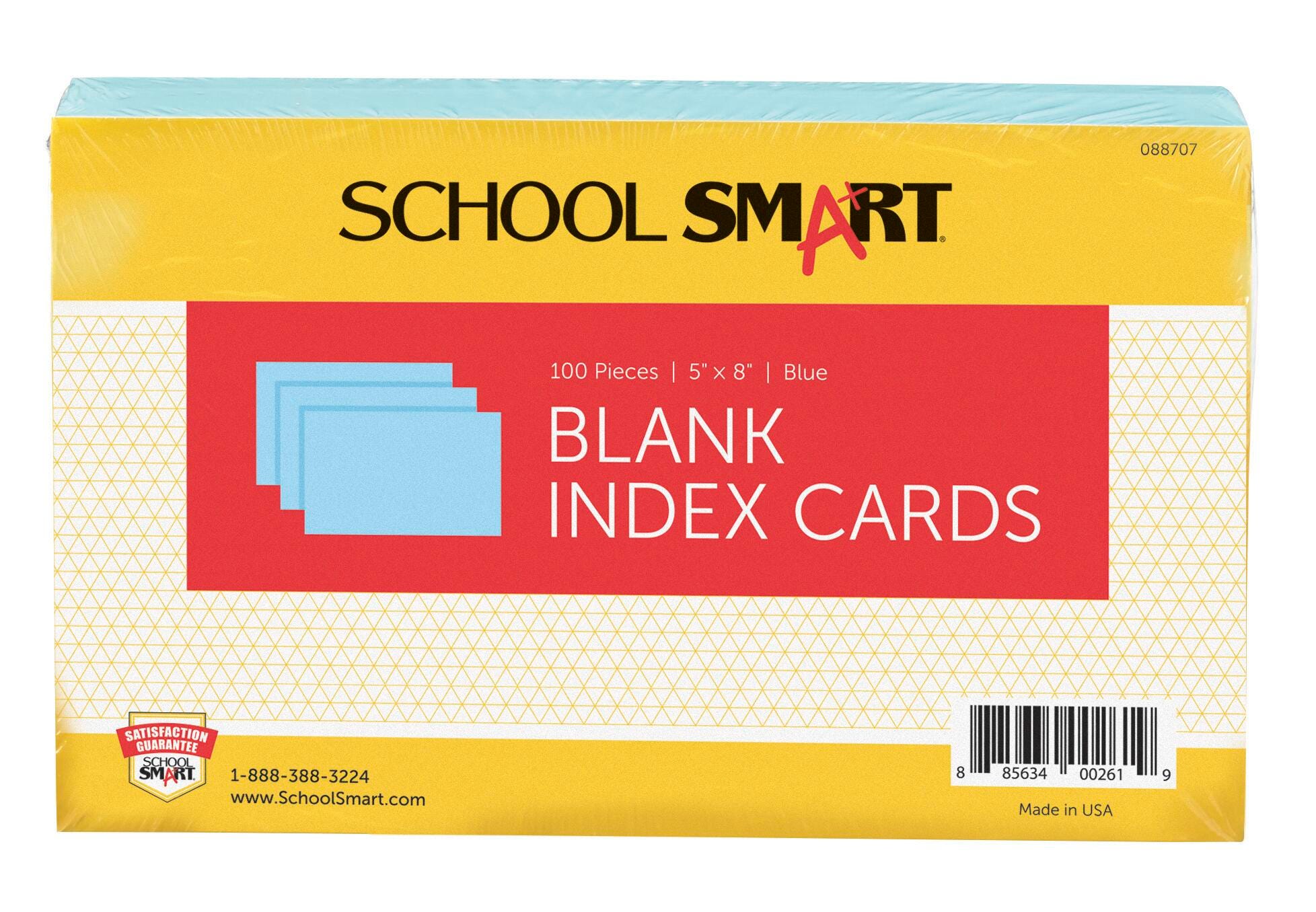 School Smart Unruled Index Cards, 5 x 8 Inches, Blue, Pack of 100 088707